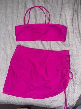 Hot Pink Swim Skirt and Bandeau Top Set
